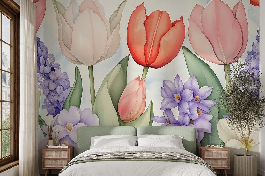 Tulipas entre flores roxas — interior 1