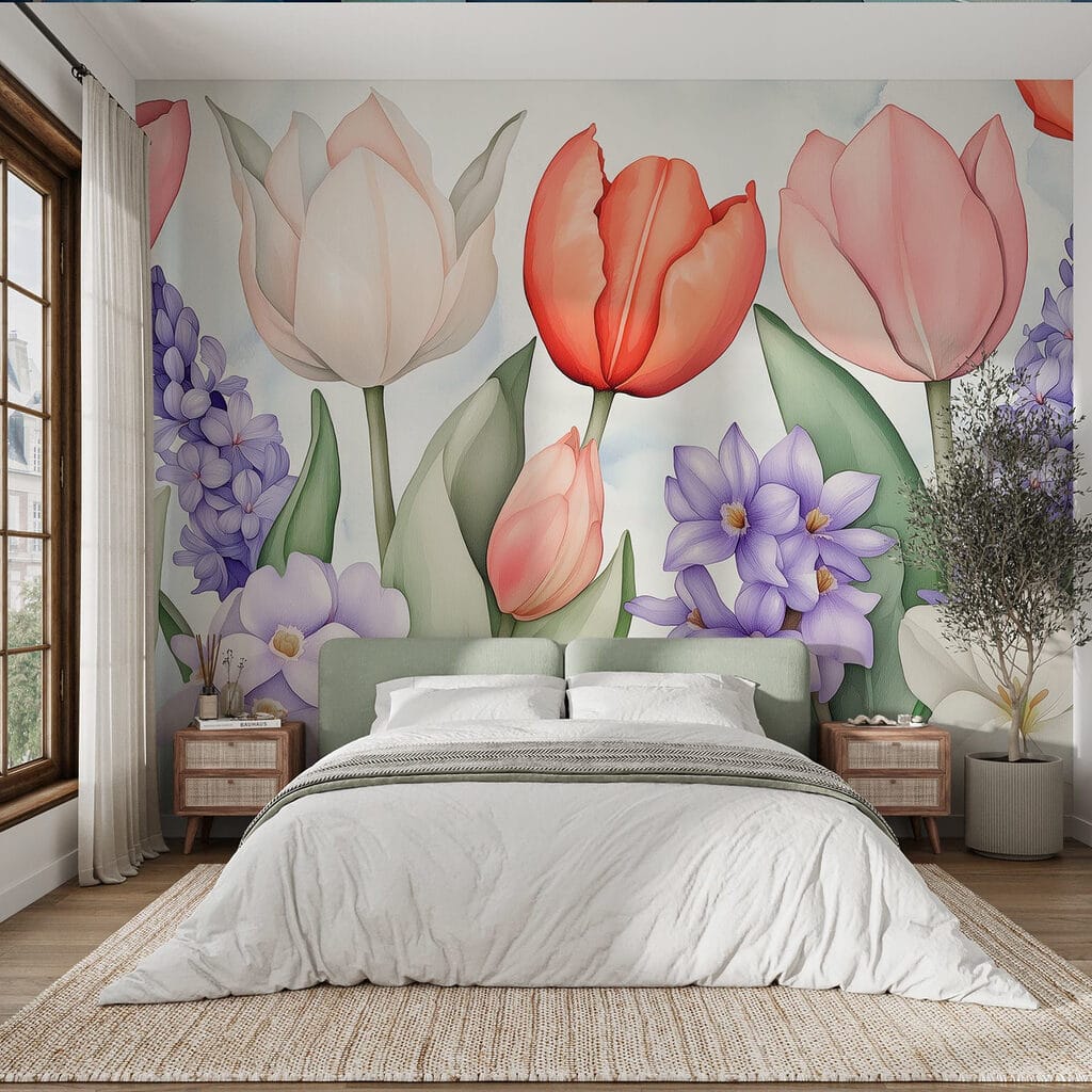 Tulipas entre flores roxas — interior 2