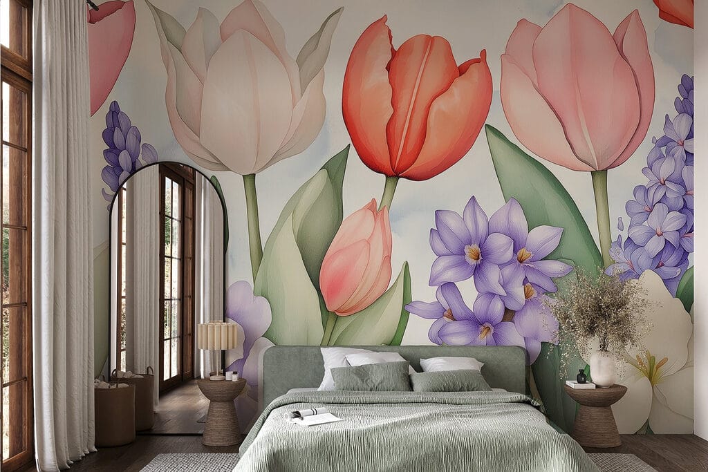Tulipas entre flores roxas — interior 3