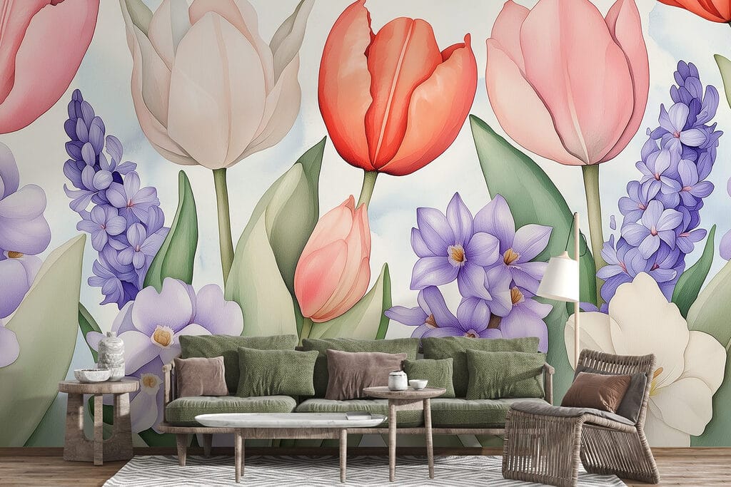 Tulipas entre flores roxas — interior 4