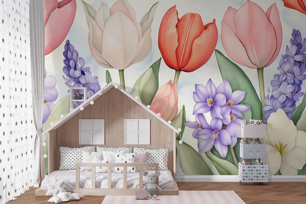 Tulipas entre flores roxas — interior 5
