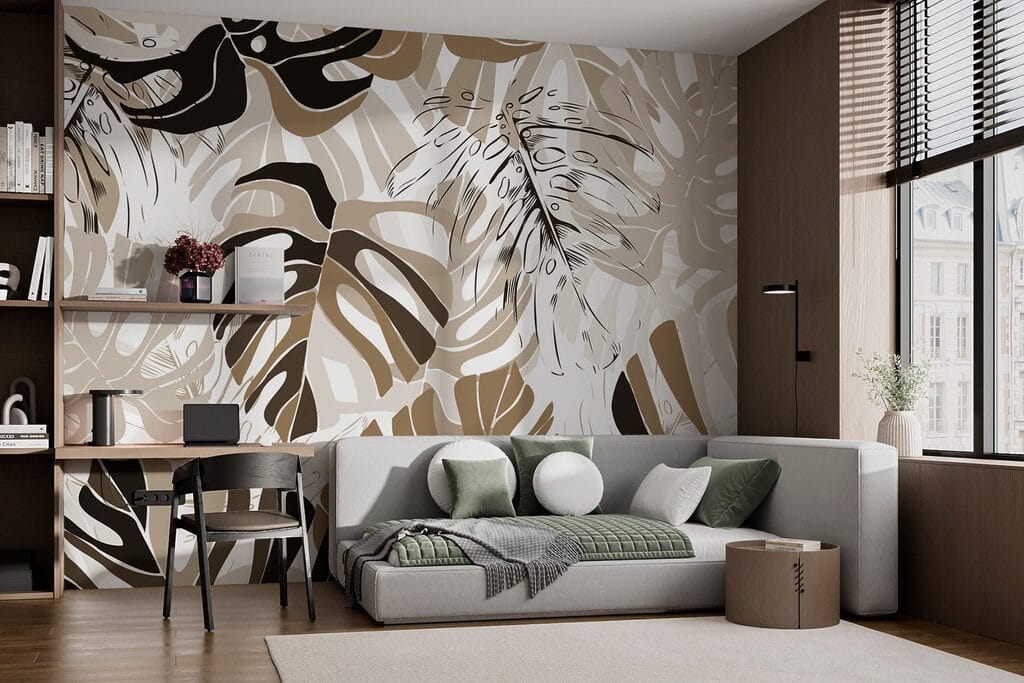 Folhas largas em verde num interior