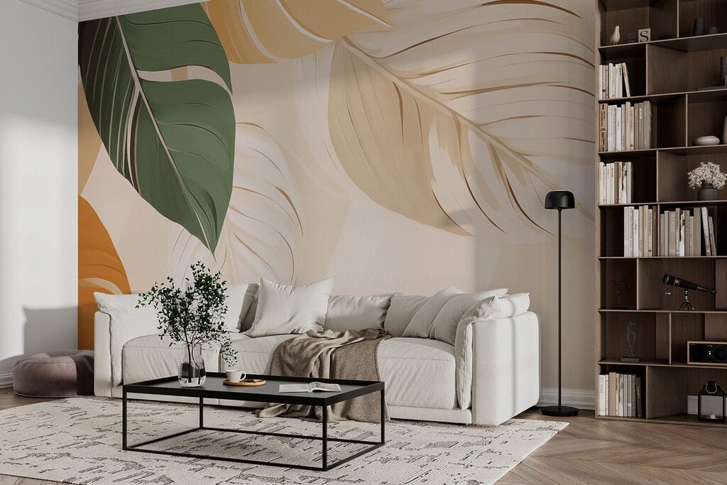 Folhas grandes em ocre num interior