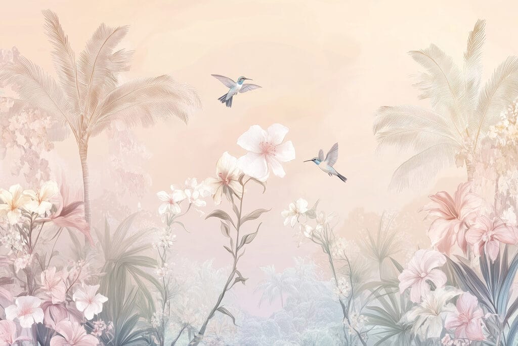 Aves sobre palmeiras cor-de-rosa — design completo