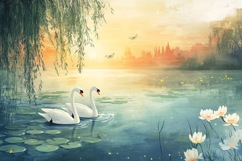 Cisnes ao entardecer dourado — design completo