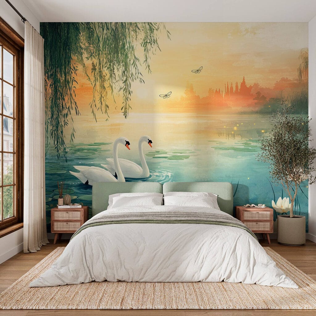 Cisnes ao entardecer dourado — interior 1