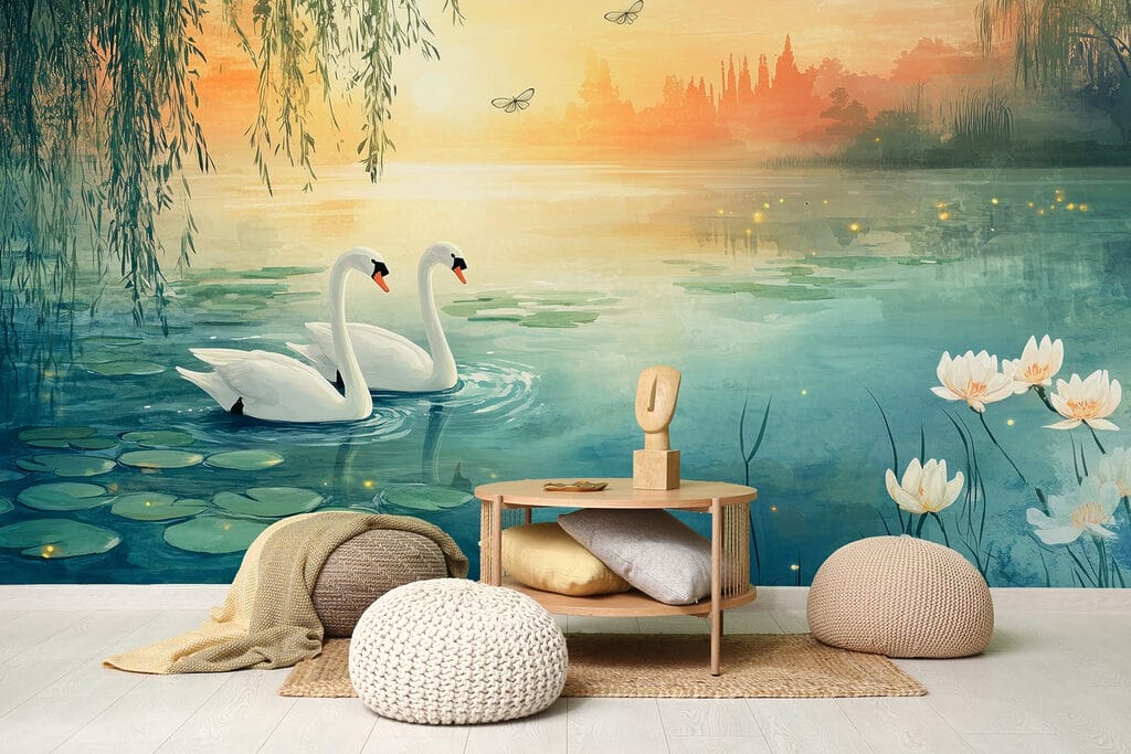 Cisnes ao entardecer dourado — interior 3