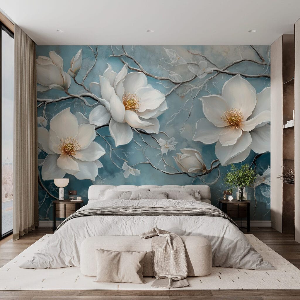 Magnólia sobre azul desgastado — interior 1