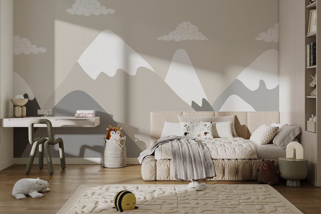 Picos ilustrados sob nuvens num interior
