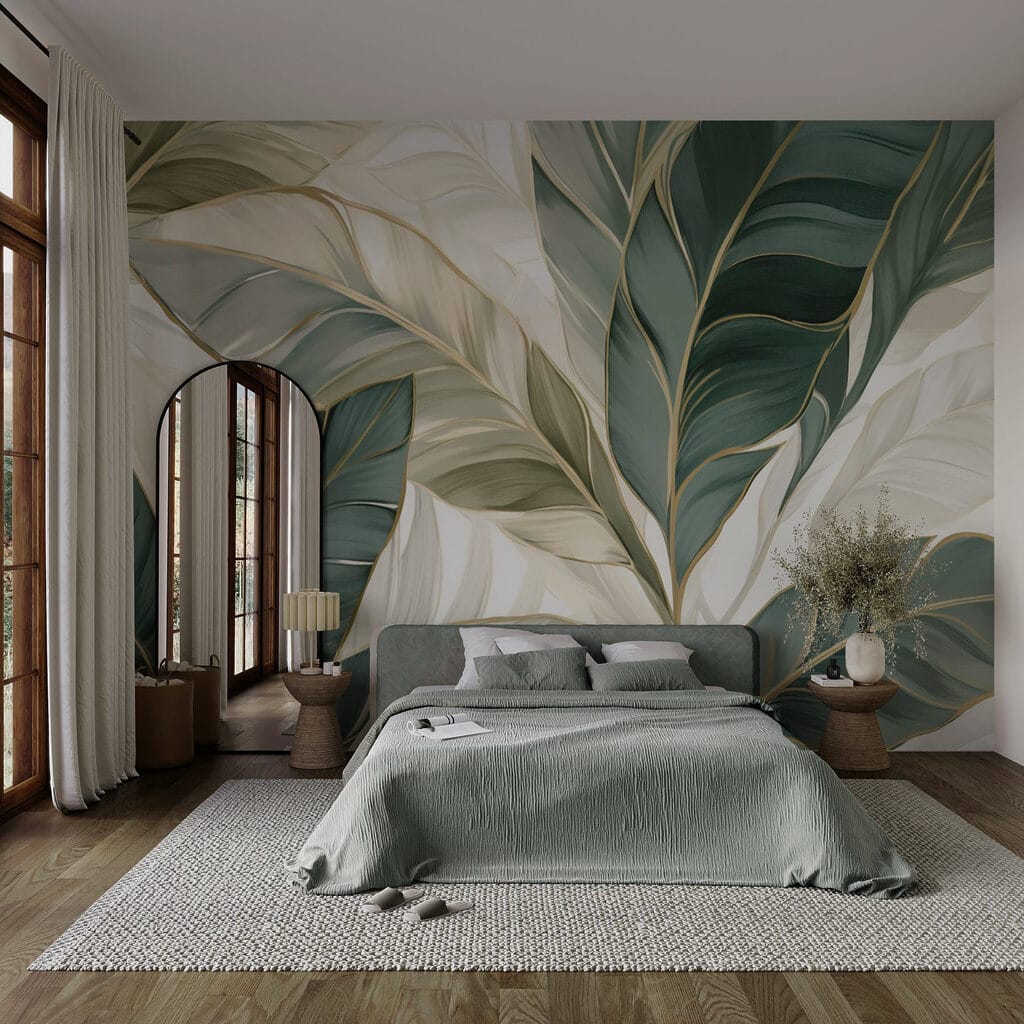 Folhas com nervuras douradas num interior