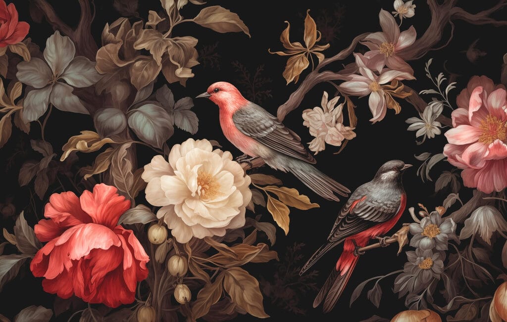 Pássaros entre flores escuras — design completo