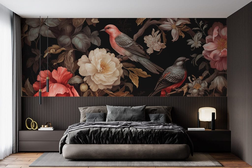 Pássaros entre flores escuras — interior 1