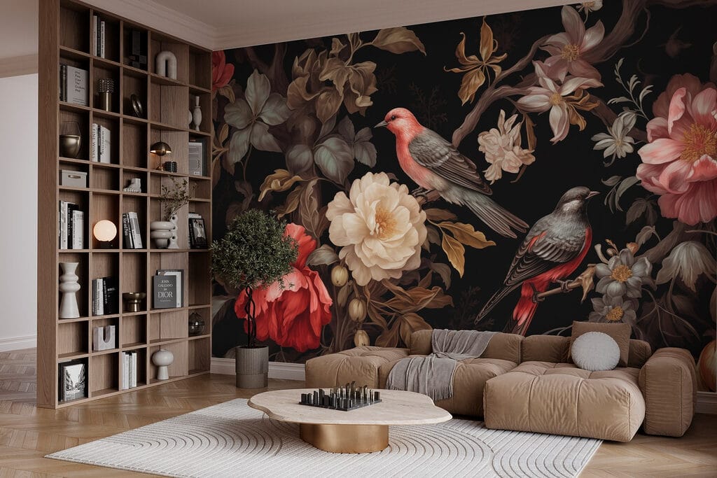 Pássaros entre flores escuras — interior 2