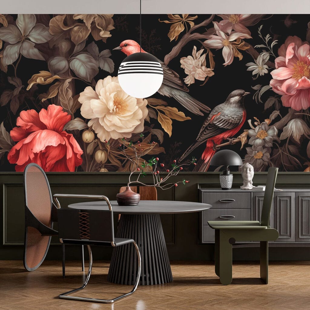 Pássaros entre flores escuras — interior 4
