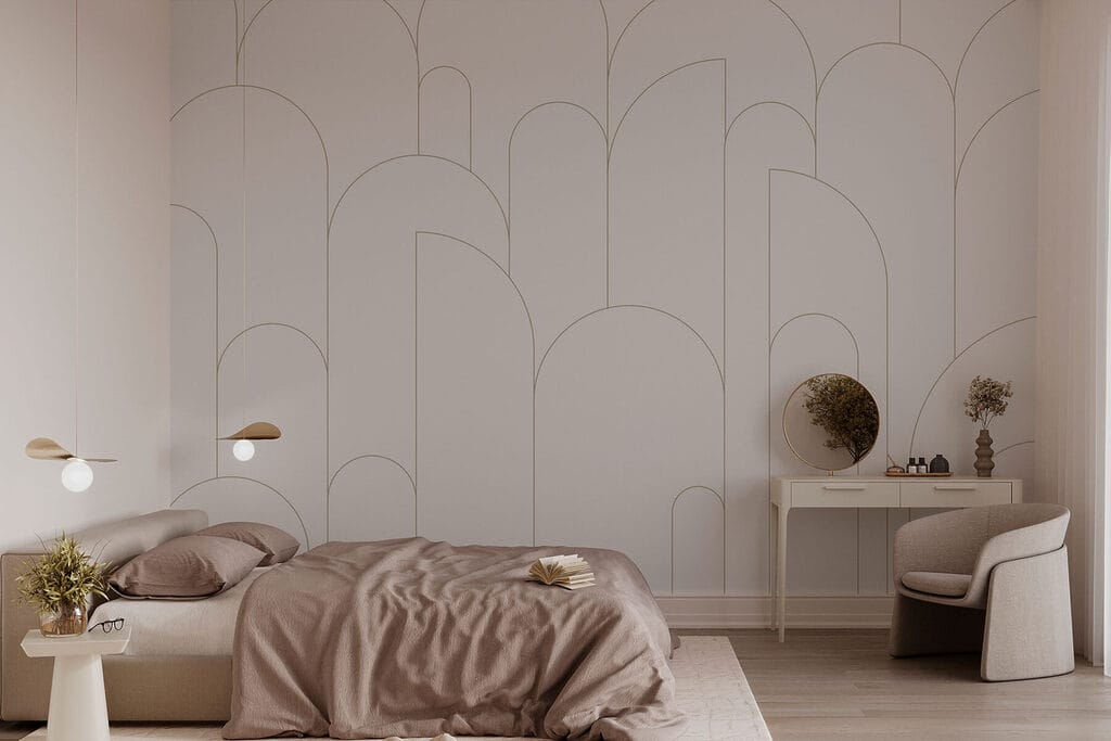 Arcos finos sobre branco num interior