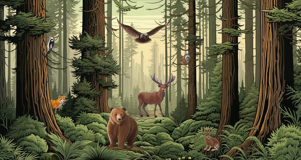 Urso junto a samambaias — design completo