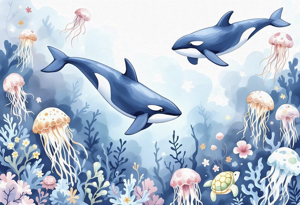 Orcas entre medusas coloridas — design completo
