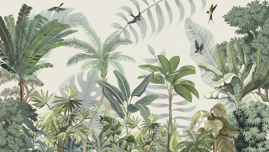 Bosque tropical com aves — design completo