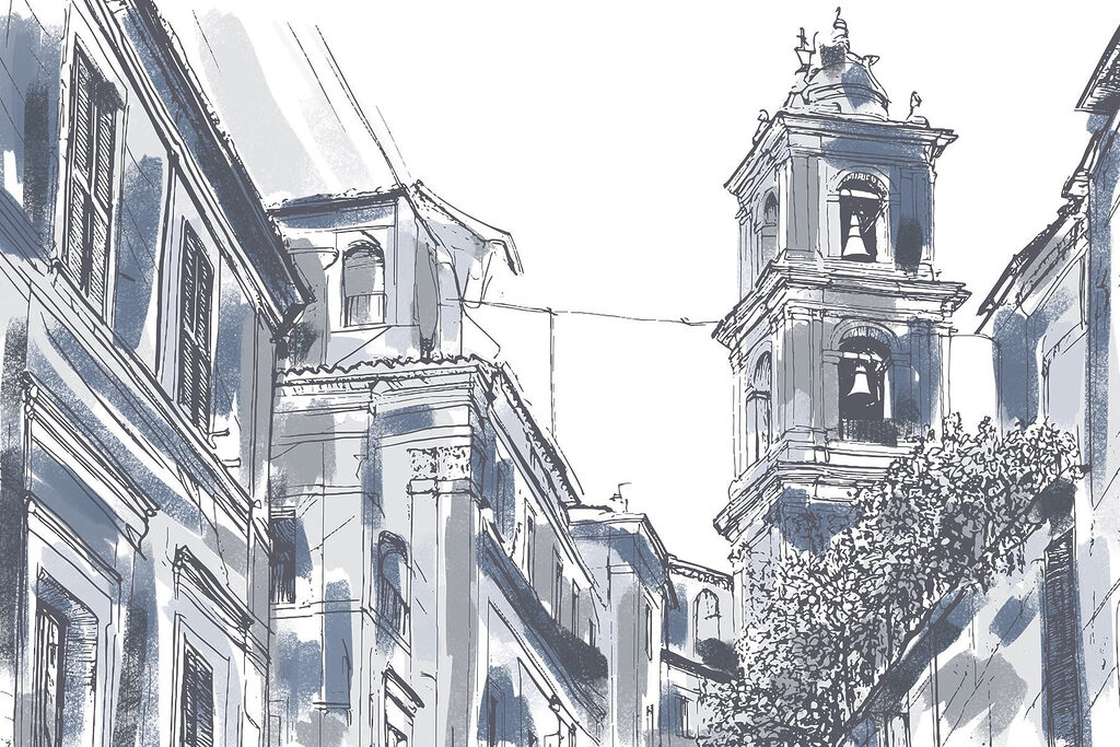 Torre entre fachadas antigas — design completo