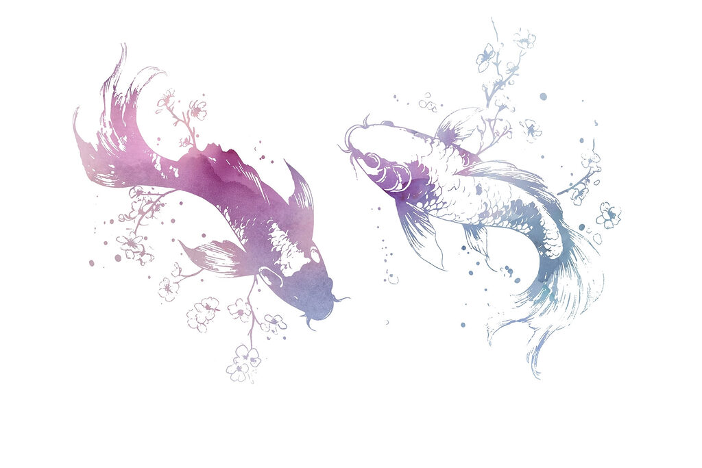 Dois peixes com salpicos — design completo