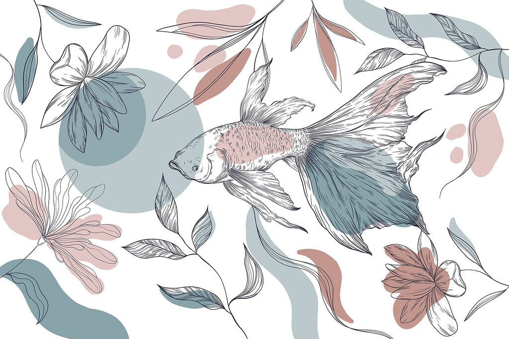 Peixe entre flores desenhadas — design completo