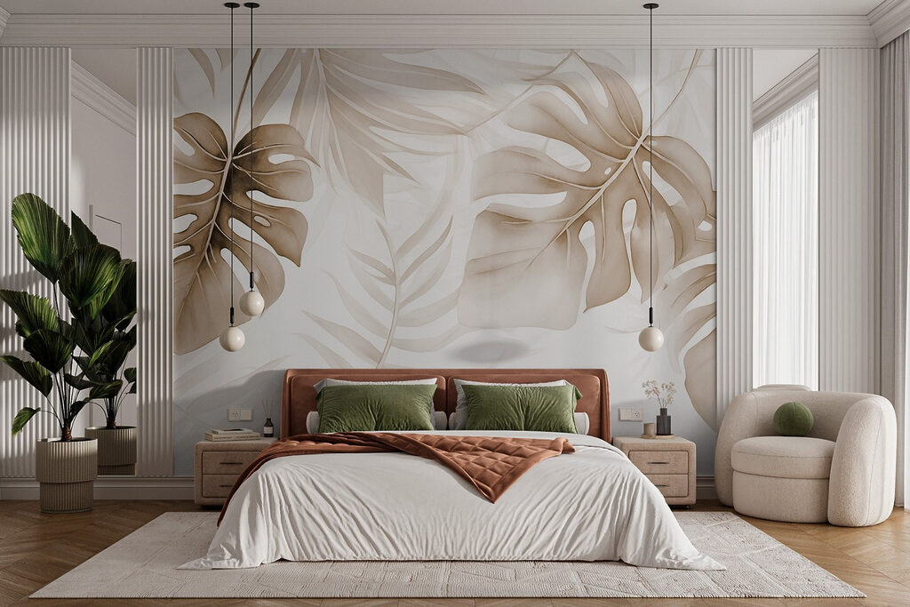 Folhas tropicais azuis num interior