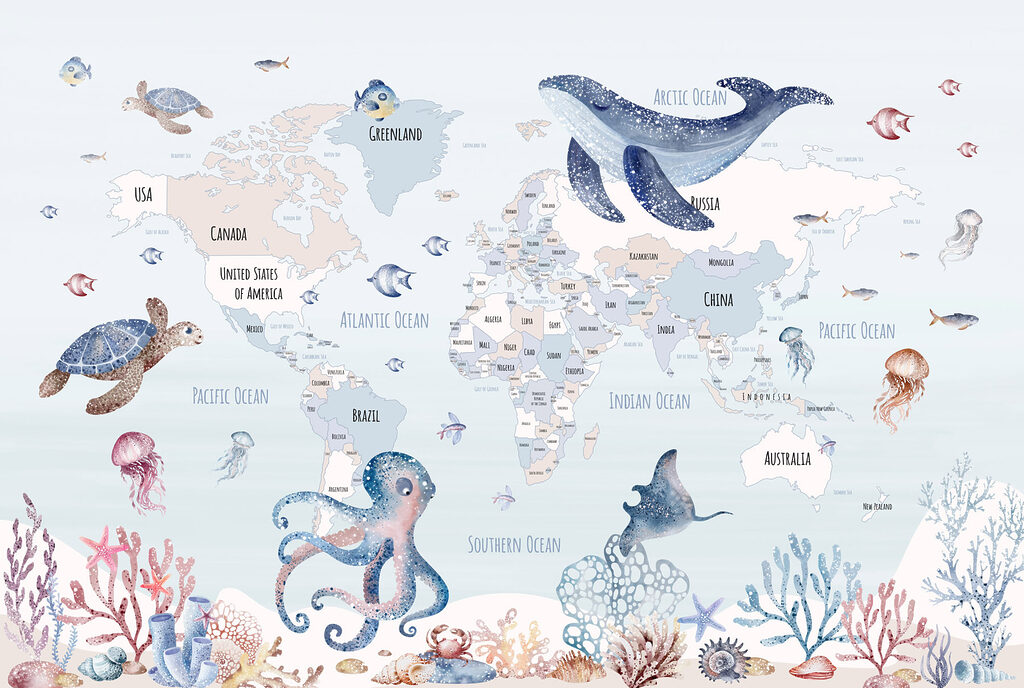 Mapa-múndi marinho — design completo