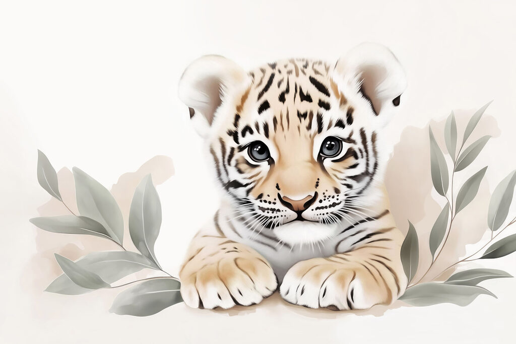 Tigrinho entre folhas claras — design completo
