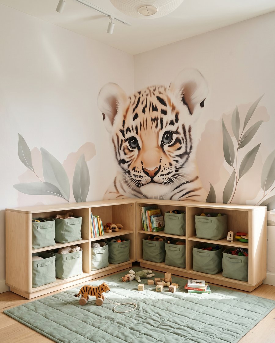 Tigrinho entre folhas claras — interior 3