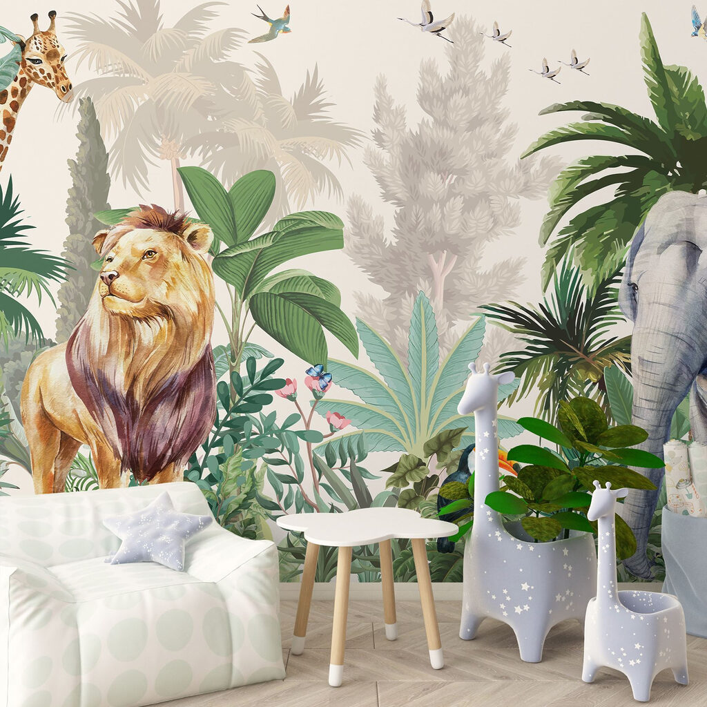Leão, girafa e elefante — interior 1