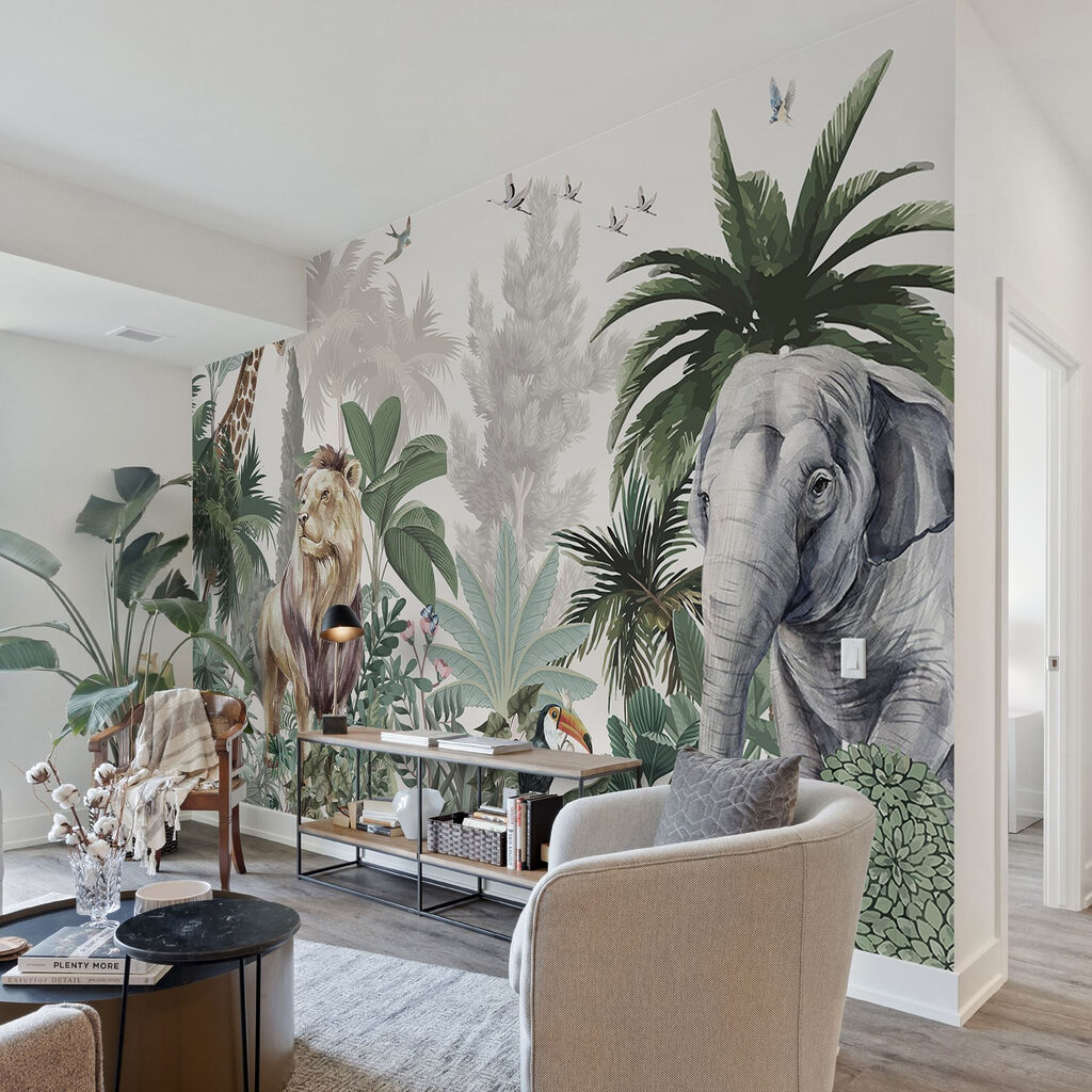 Leão, girafa e elefante num interior