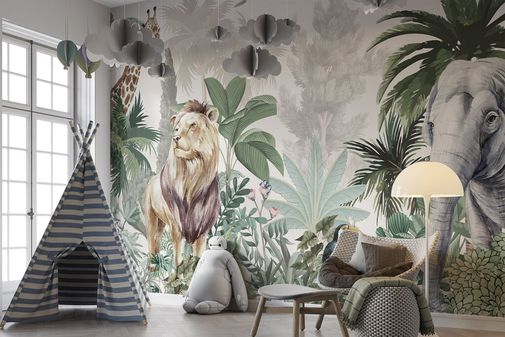 Leão, girafa e elefante — interior 2
