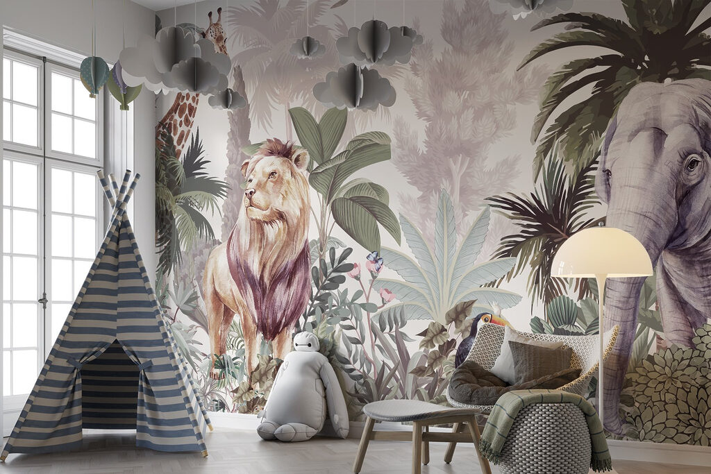 Leão, girafa e elefante — interior 1