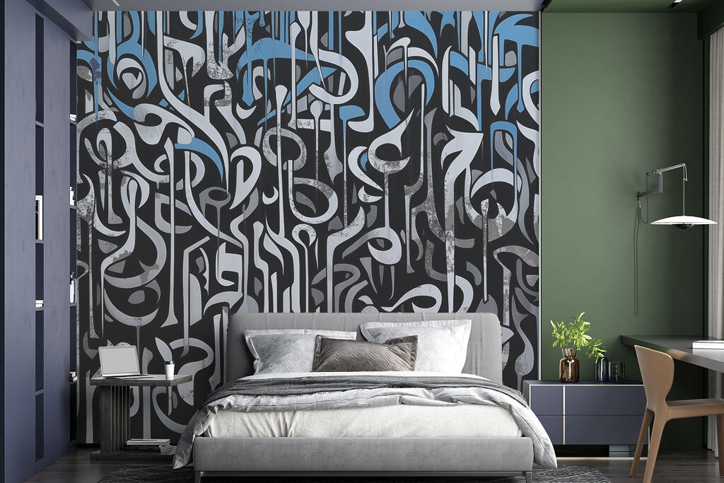 Sinais curvos sobre preto num interior