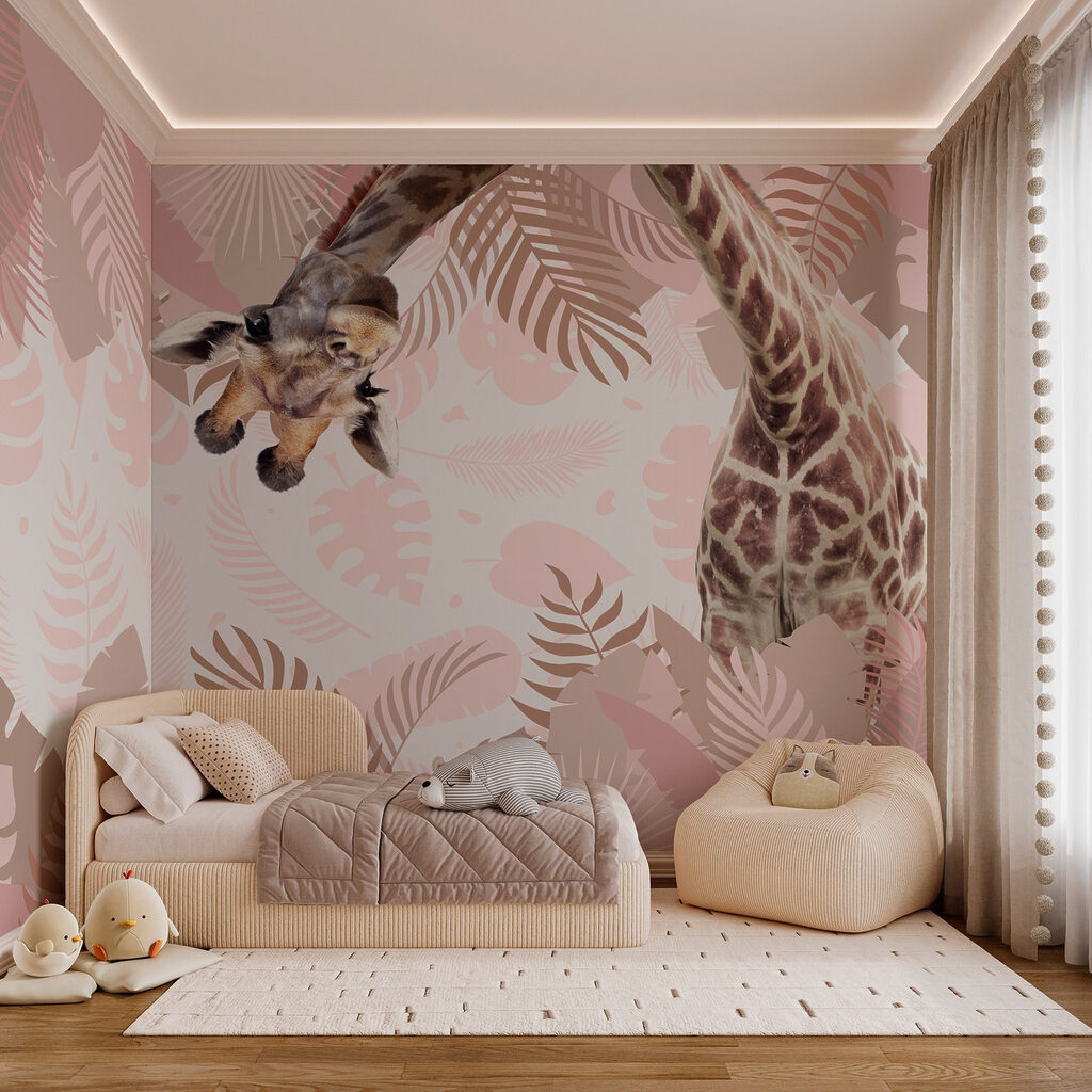 Girafa entre folhas tropicais — interior 3