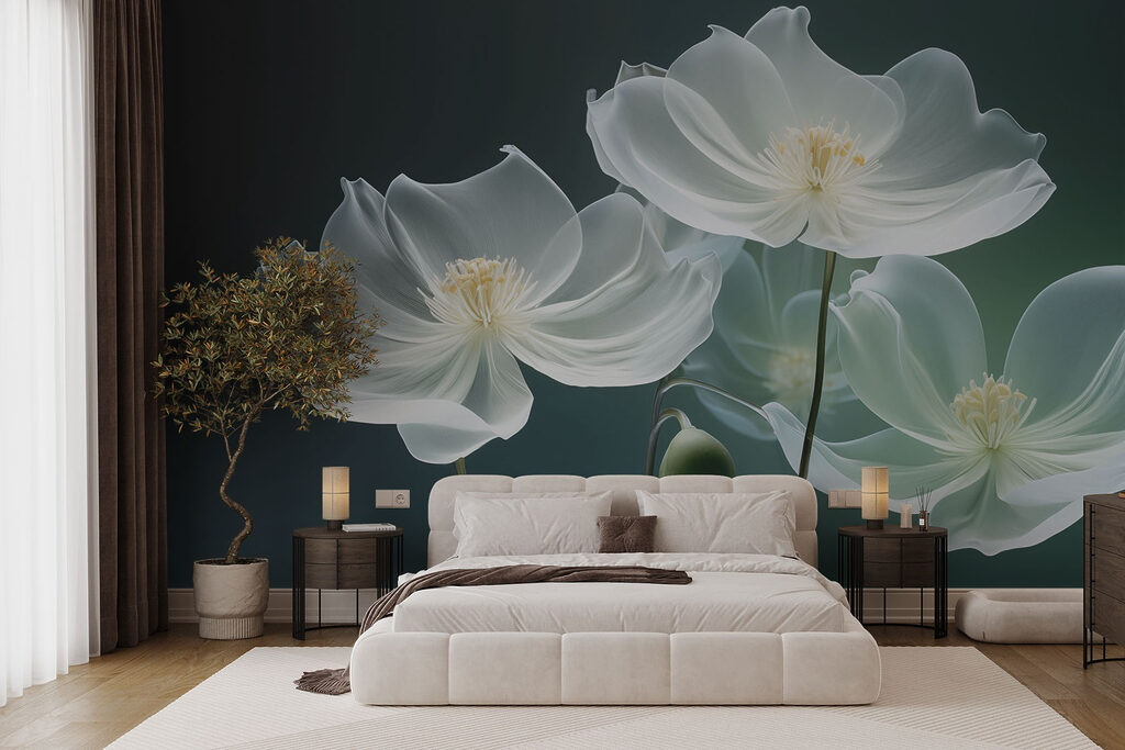 Flores brancas sobre verde-escuro — interior 1
