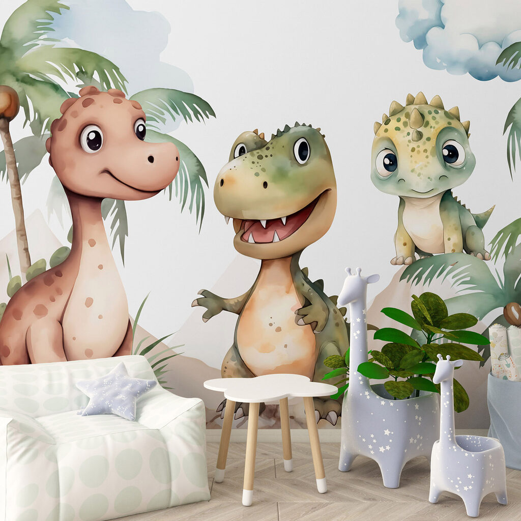 Dinossauros sob palmeiras num interior