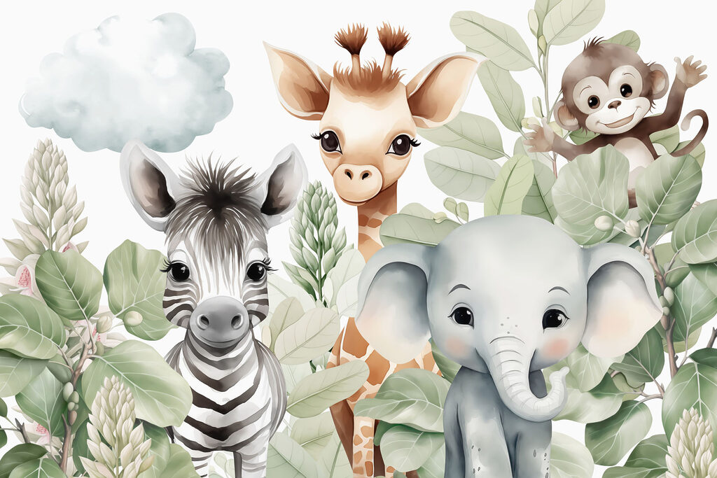 Animais espreitam entre folhas — design completo