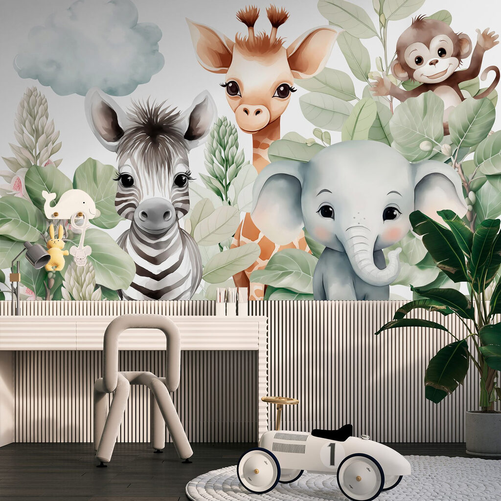 Animais espreitam entre folhas num interior