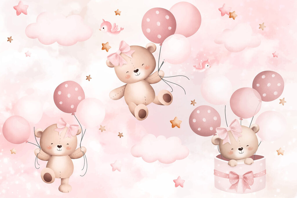 Ursinhos com balões cor-de-rosa — design completo