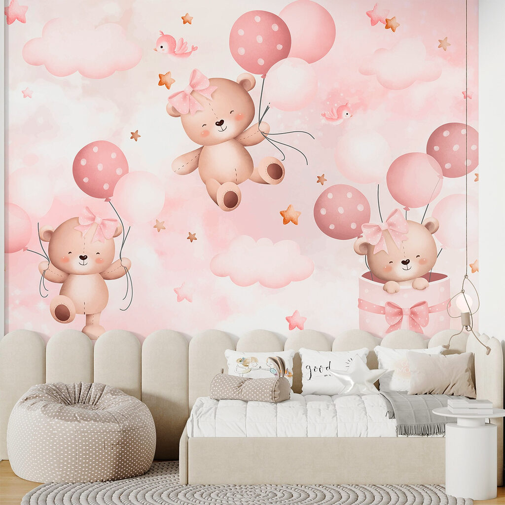 Ursinhos com balões cor-de-rosa num interior