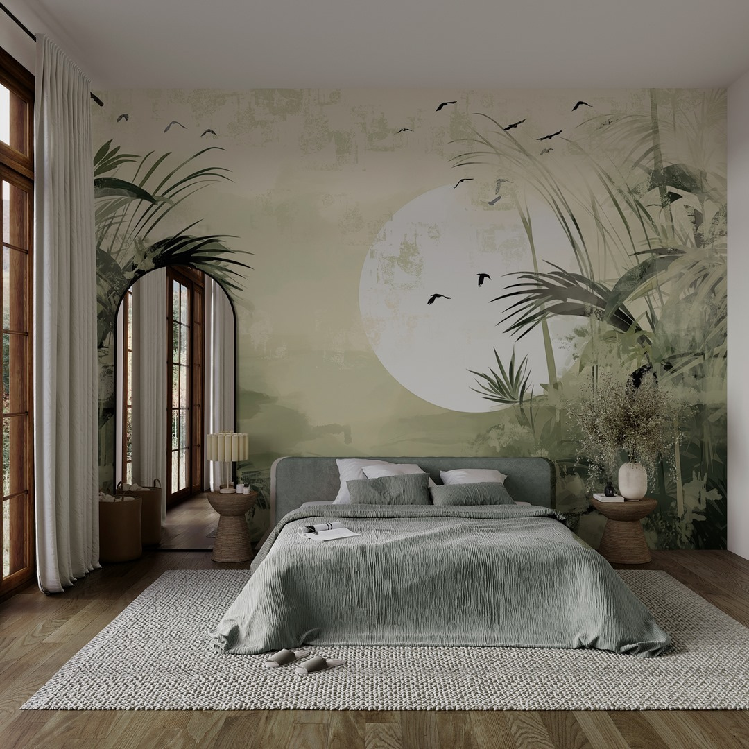 Luar sobre folhagem tropical num interior