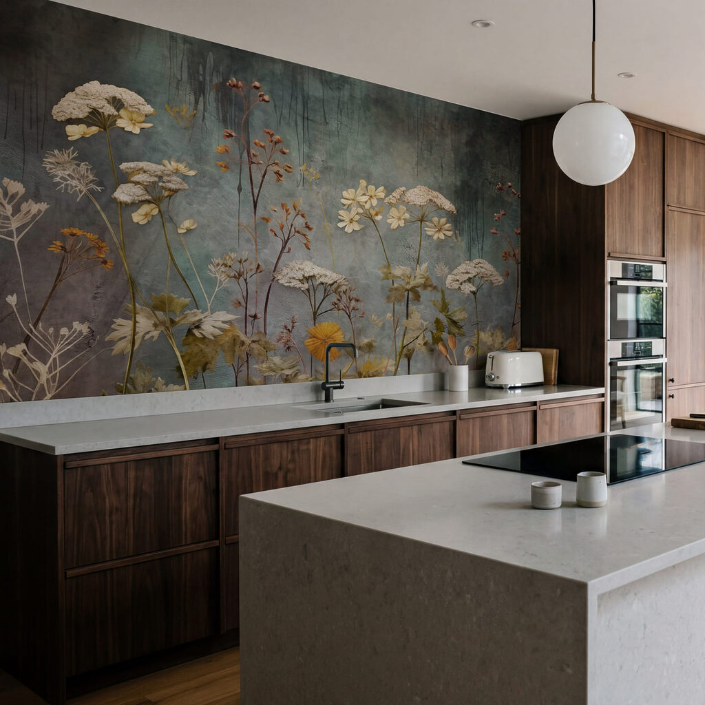 Flores e gramíneas pintadas num interior