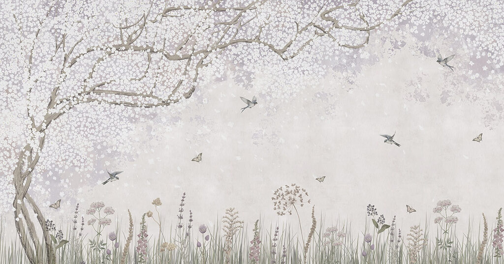 Aves sobre ramos floridos — design completo
