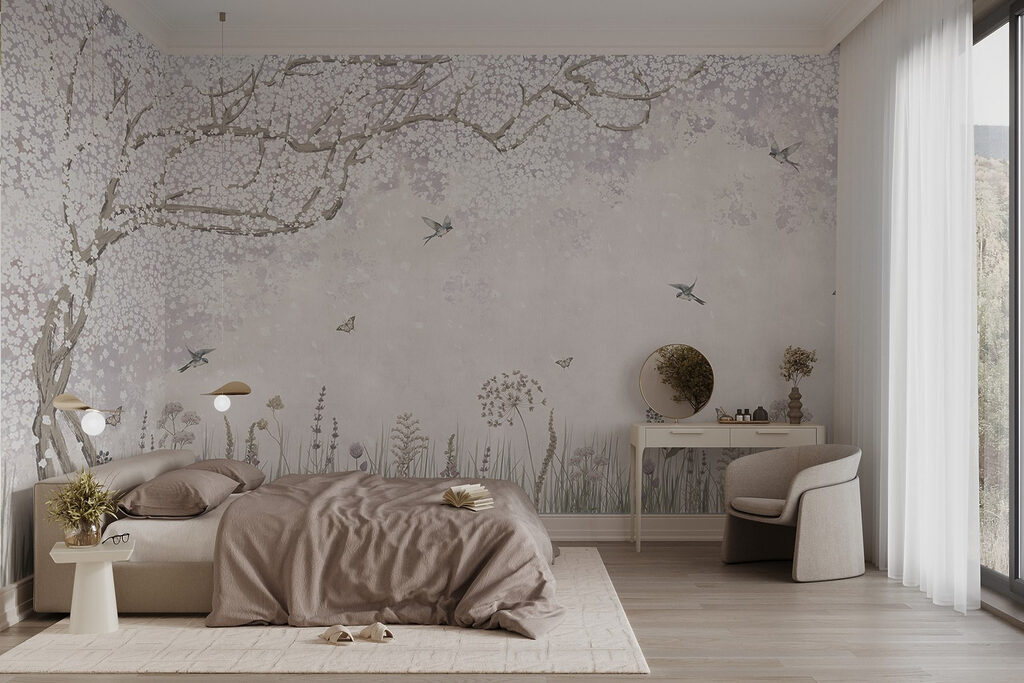 Aves sobre ramos floridos — interior 1