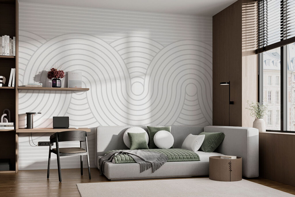 Ondas cinzentas sobre branco num interior
