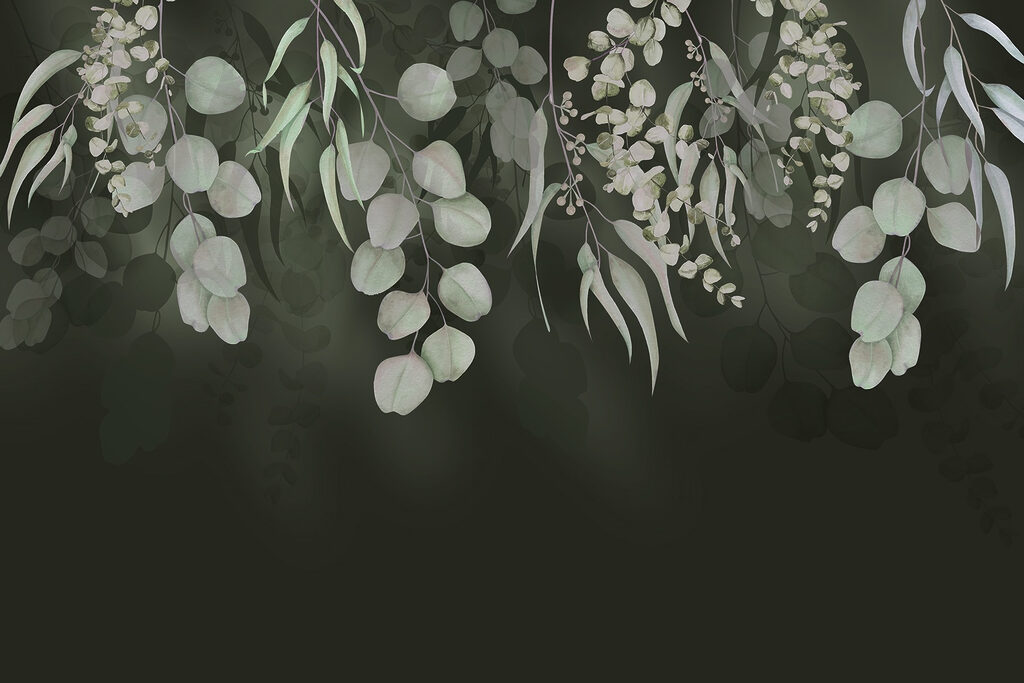 Folhas suspensas sobre escuro — design completo