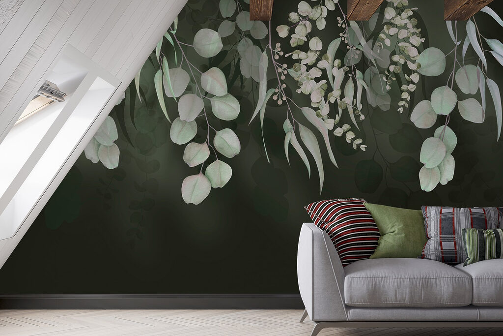 Folhas suspensas sobre escuro — interior 2