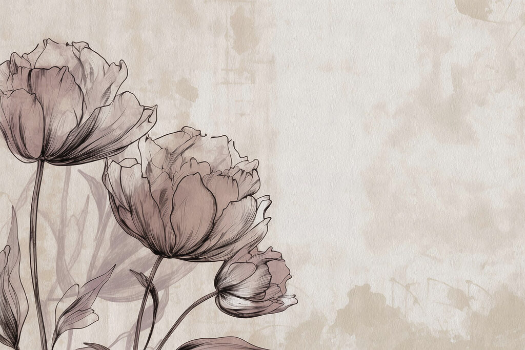 Flores desenhadas sobre bege — design completo