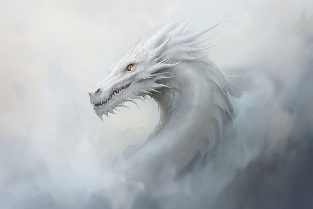 Dragão branco na névoa — design completo